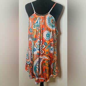 Woman’s spring flowy V shape mini dress with gold embellishment neckline
